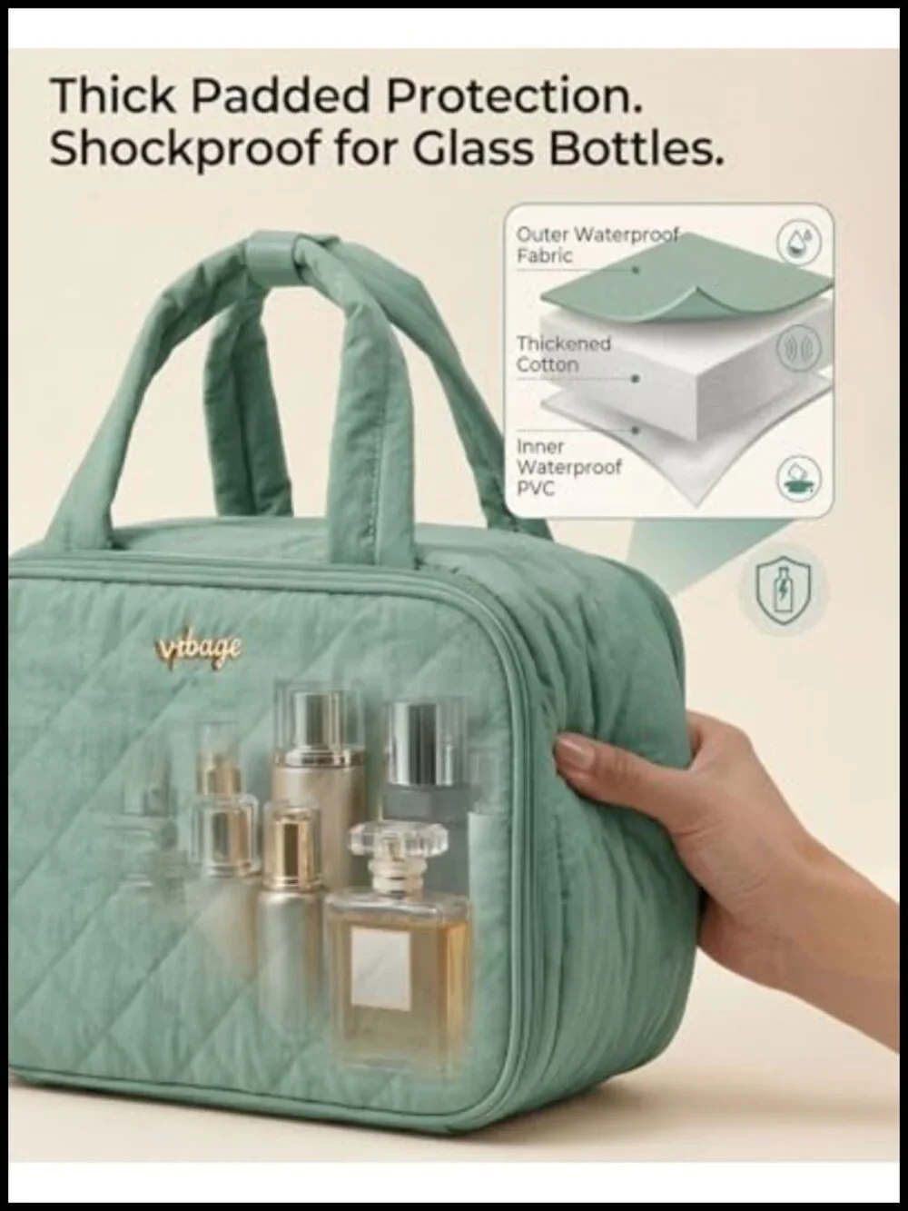 Large Quilted Puffer Toiletry Bag with Removable Divider & Shoulder Strap,